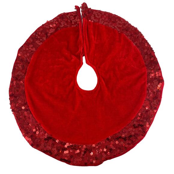 Mini Tree Skirt Red Velvet Sequin Trim Christmas Holiday Festive - Picture 1 of 16